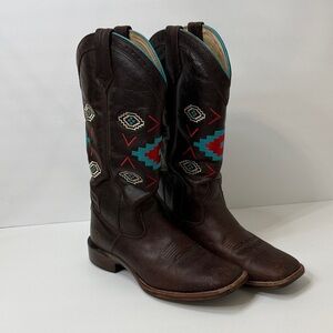 Noble Outfitters Stylish Brown Leather Ankle Boots with Embroidered Accents